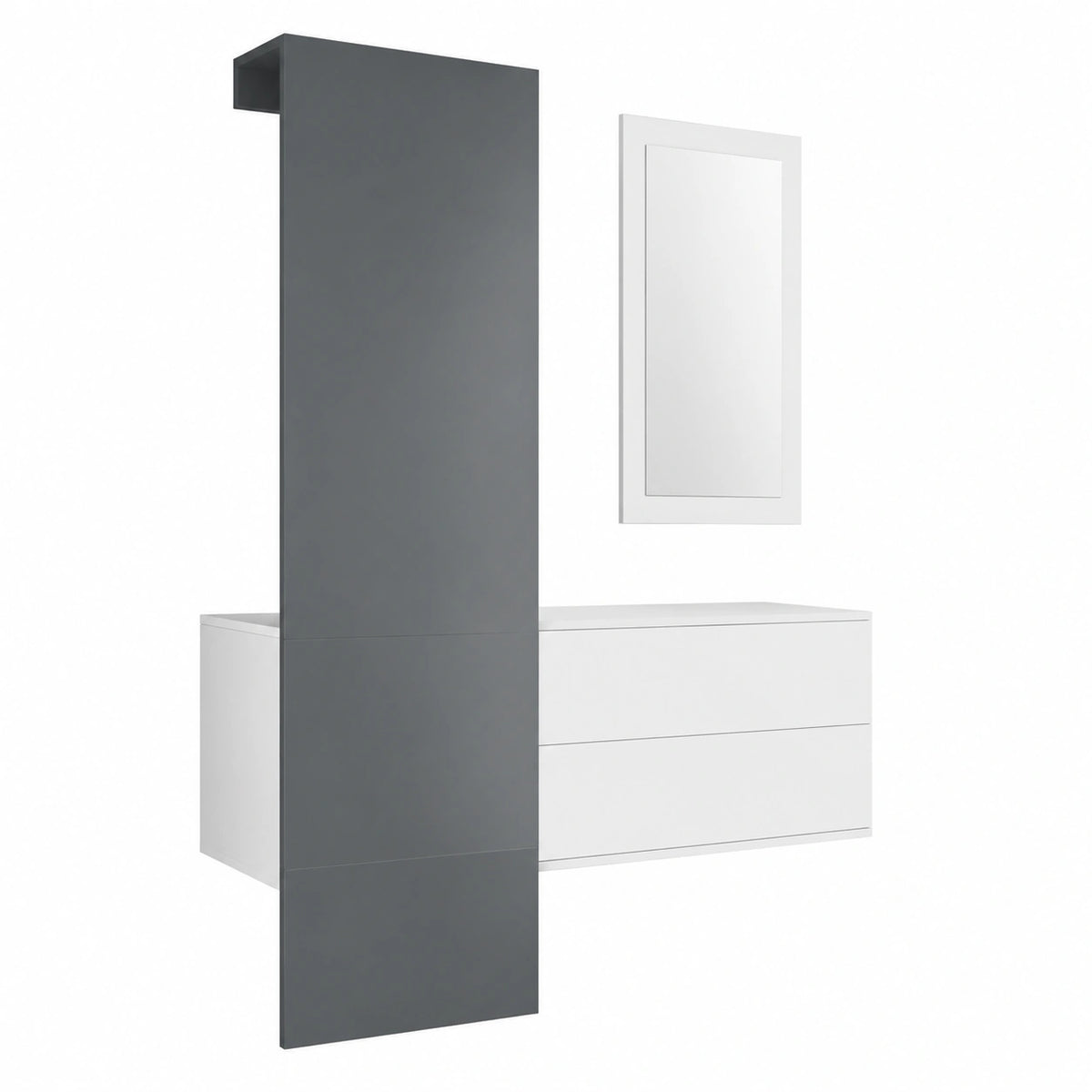 Hochwertiges Garderoben-Set Carlton mit Paneel, Schubkastenschrank und Wandspiegel, Weiß Matt/Grau Hochglanz, 105x193x35 cm