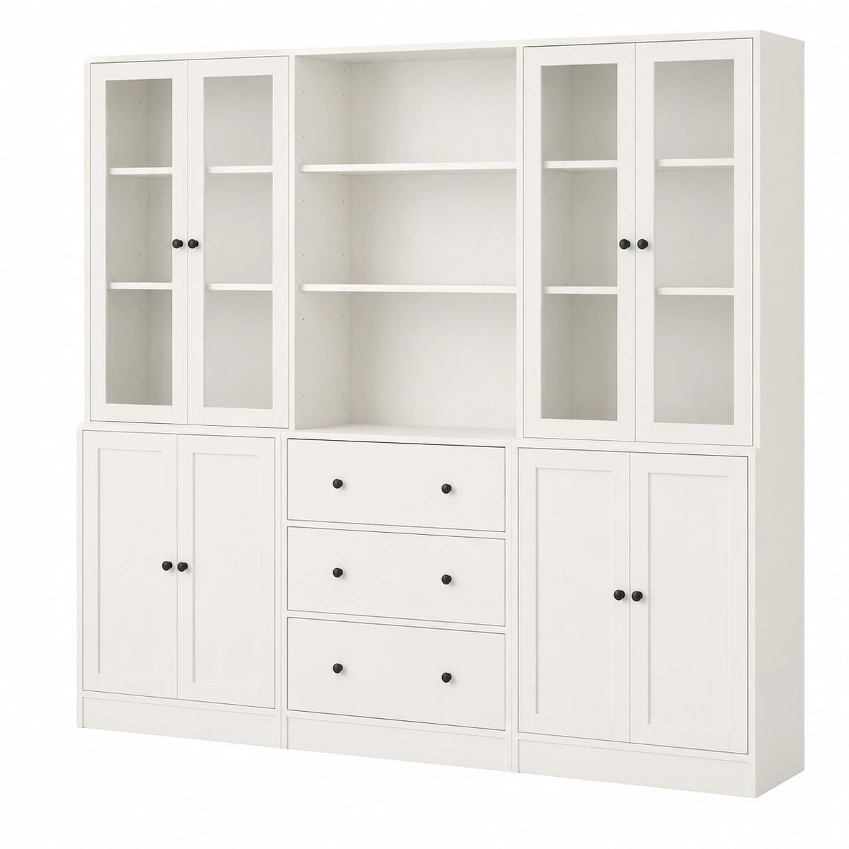 VOWNER 5-stöckiger Bücherschrank mit Glastüren, 180 cm, Vitrine für Küche, Wohnzimmer und Esszimmer, weiß, 3-teilig