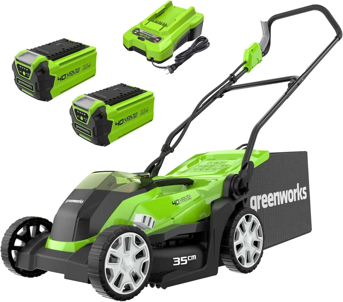 Kosiarka do trawy Greenworks G40LM35K2X, 40 l, 2 Ah, 40 V, do 400 m2, kolor szary i zielony