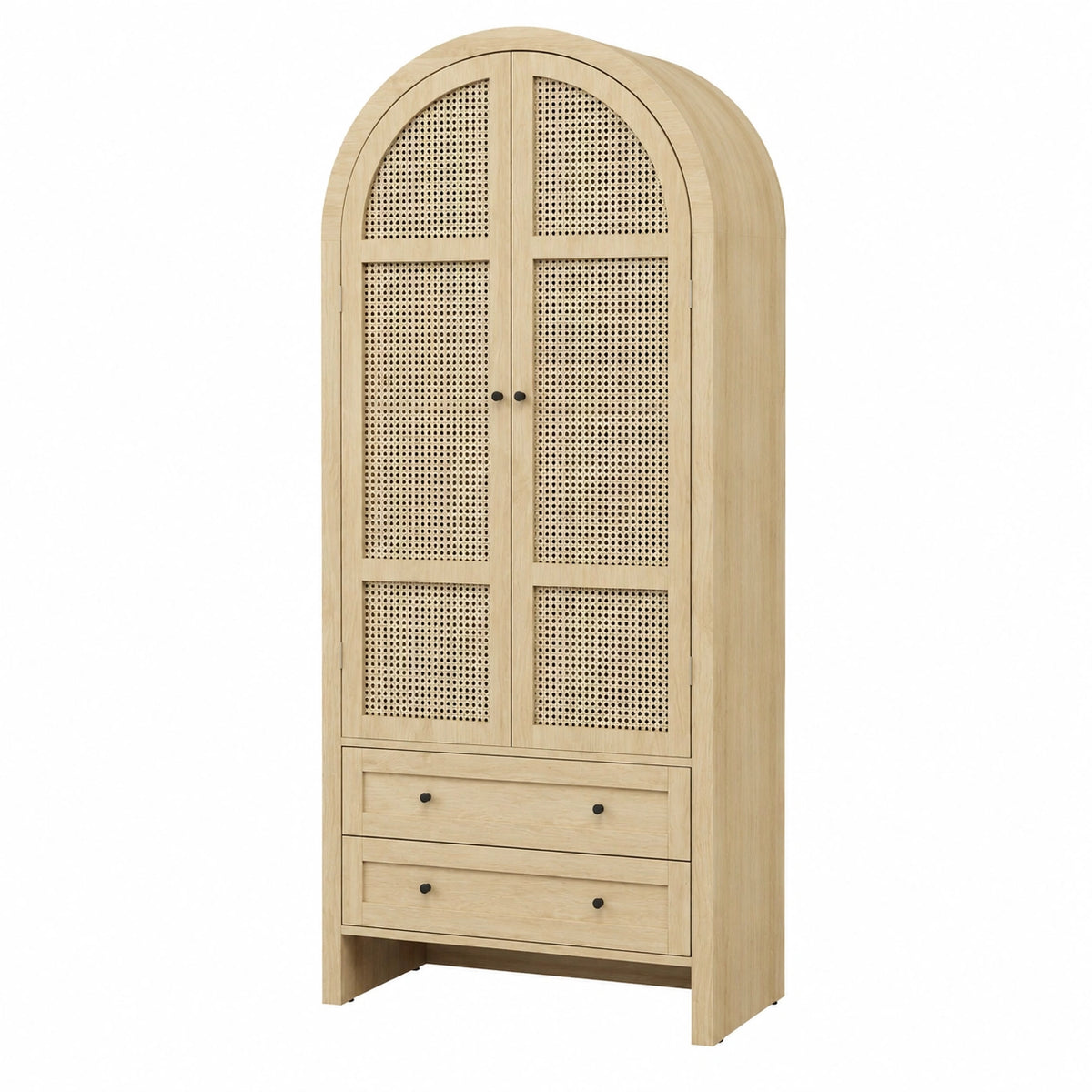 Hochschrank mit Rattantüren im Bohème-Stil, 2 Schubladen, Bogenform, Verstellbare Einlegeböden, Ideal für Küche, Wohnzimmer & Esszimmer, 79x39.5x178 cm