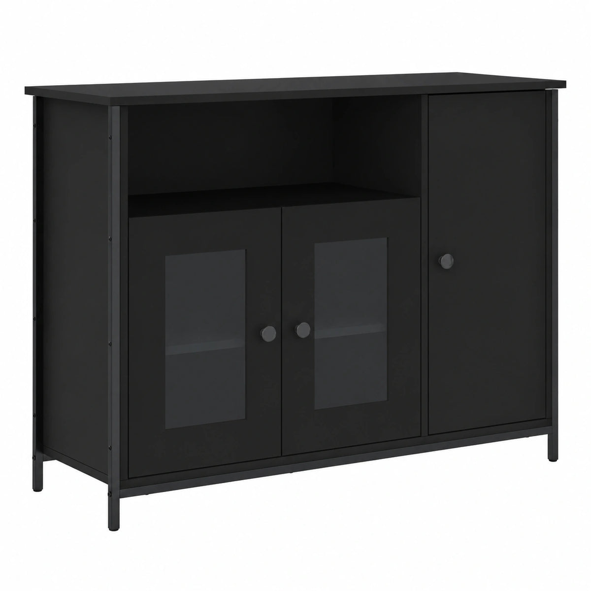 Schwarzes Sideboard aus Holzwerkstoff mit verstellbaren Beinen und großem Stauraum