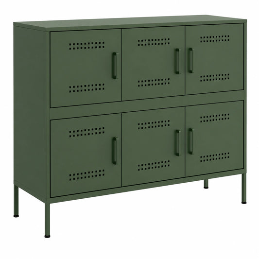 Industrielles Sideboard mit verstellbaren Füßen, Olivgrün