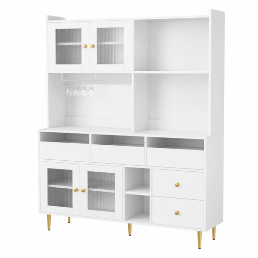 Eleganter Küchenschrank mit Glastür und Weinglashalter, Multifunktions-Vitrinenschrank für Küche und Esszimmer, Weiß-Gold, 145 x 39 x 171 cm