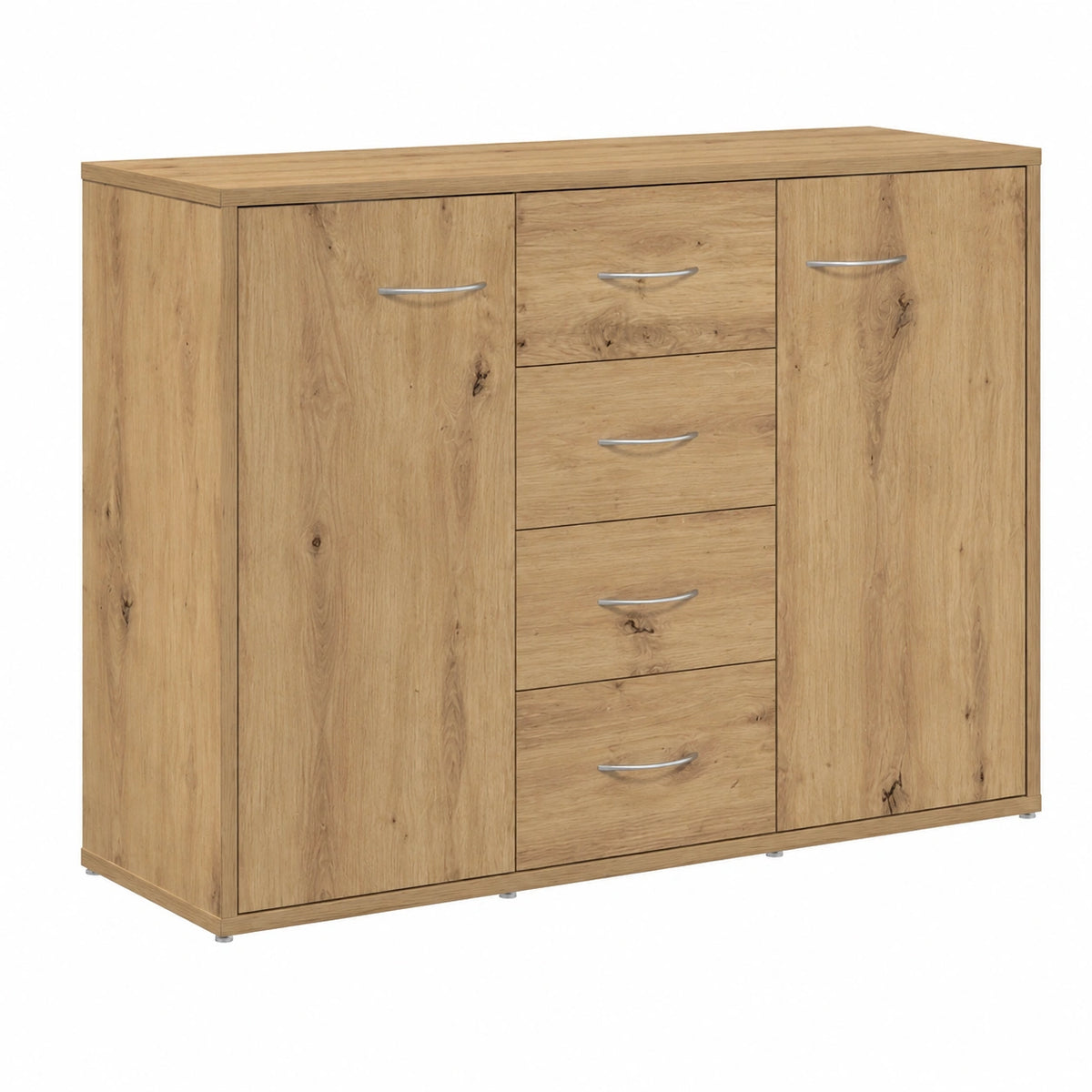 Moderner Sideboard-Schrank mit 4 Schubladen und 2 Türen, vielseitige Anrichte aus Eichenholzoptik