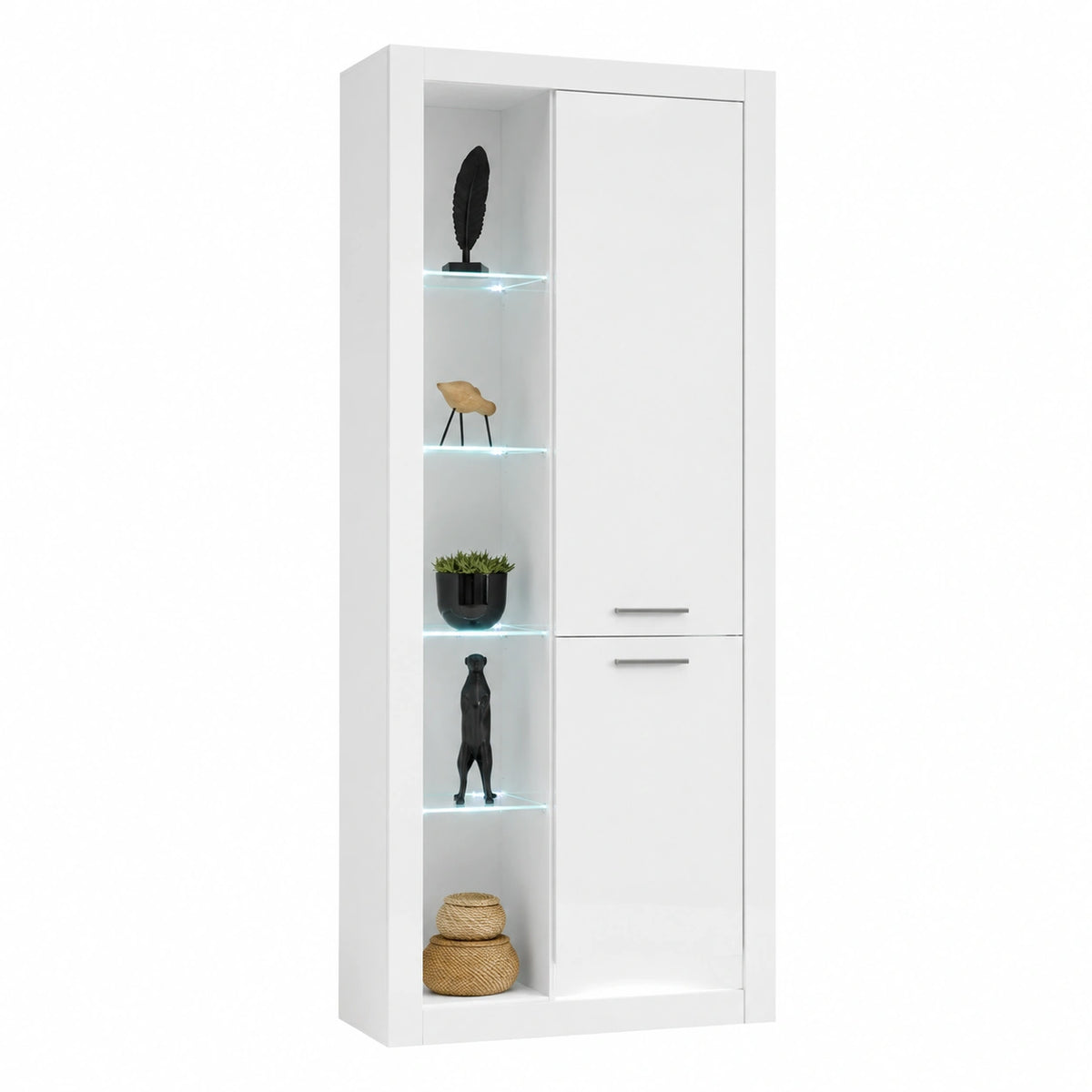 Lomadox Hochglanz Vitrine weiß, 2-türig, LED-Licht, rechts montierbar, 80x195x37 cm