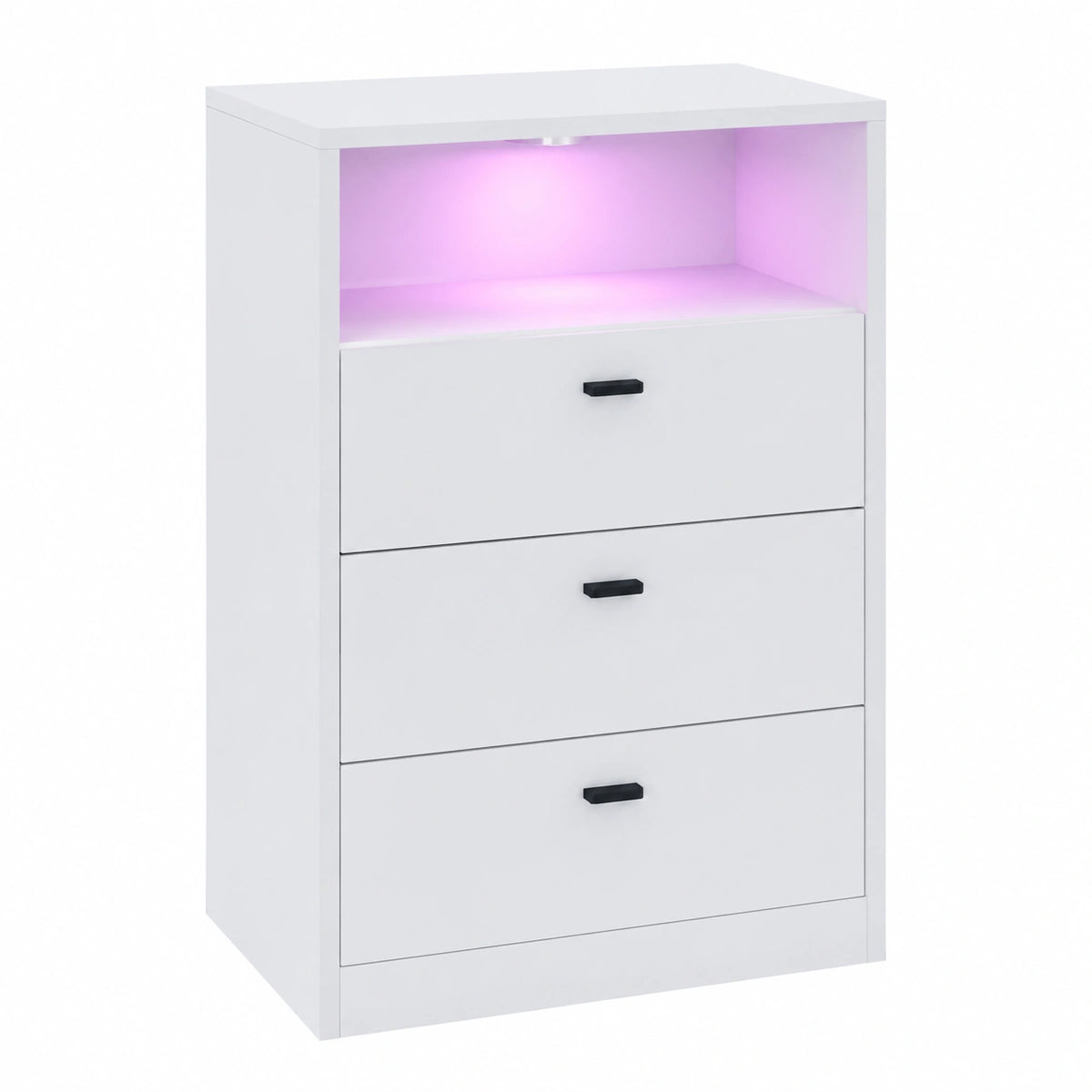 Vladon Sideboard Pino V2, in Deutschland hergestellt, Schrank mit RGB LED, 3 Schubladen & offenem Fach, Weiß matt