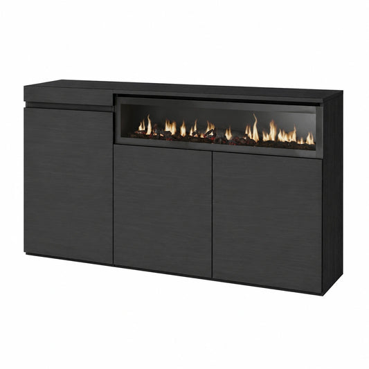 Modernes Sideboard mit Elektro-Kamin, 3 Türen, Schwarz, 150x75x35cm