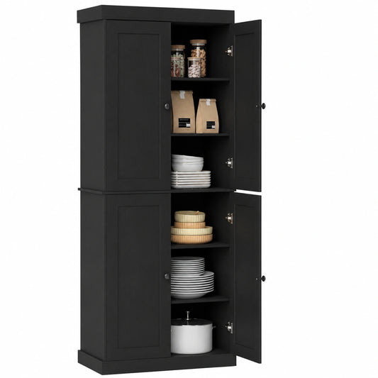 COSTWAY Küchenhochschrank mit 6 Ebenen, 4 Türen und verstellbaren Regalen, vielseitiger Stauraum für Küche, Bad, Wohnzimmer und Büro, 76 x 40 x 185 cm, Schwarz