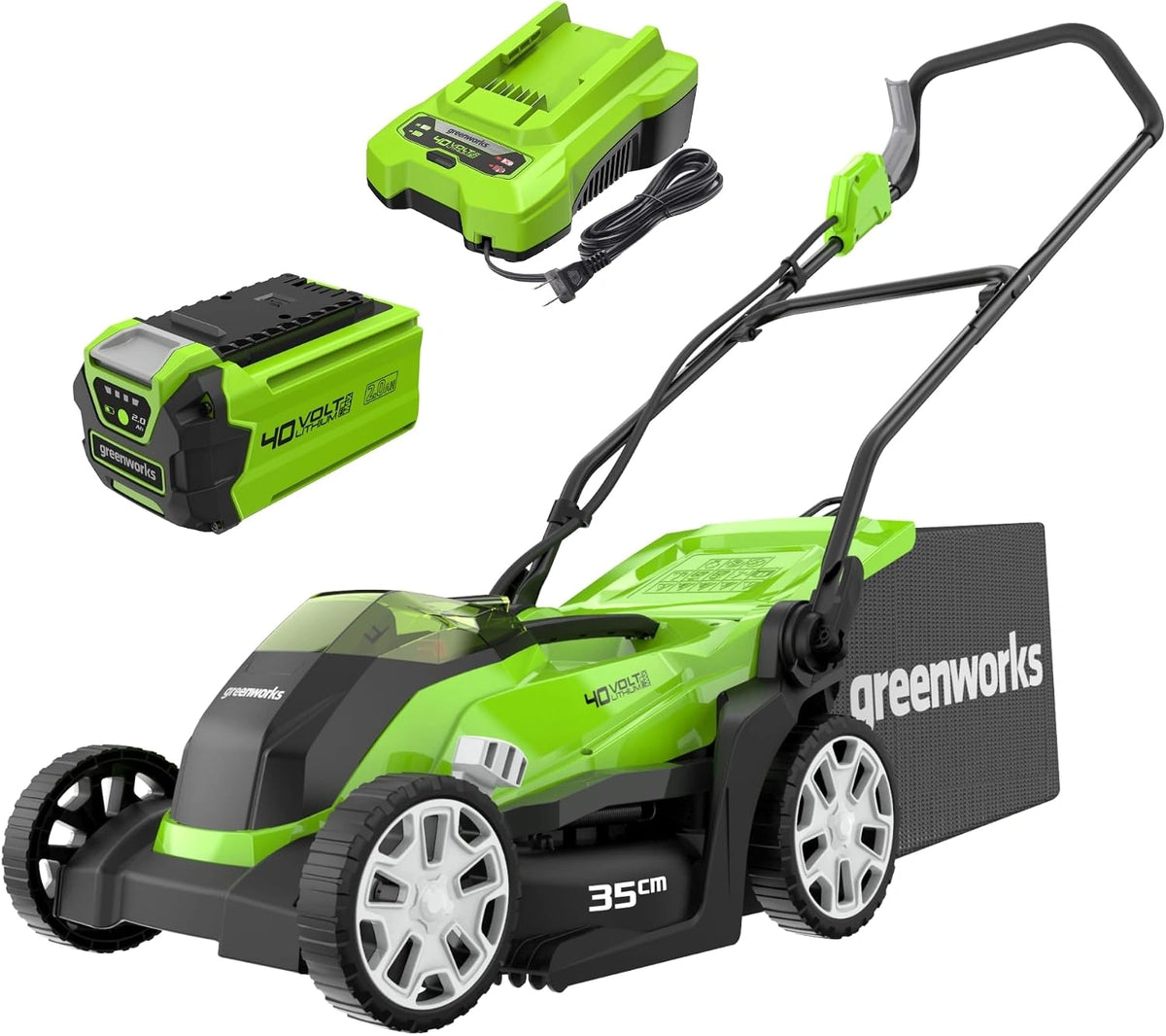 Kosiarka do trawy Greenworks G40LM35K2, 40 l, 2 Ah, 40 V, do 200 m2, kolor szary i zielony