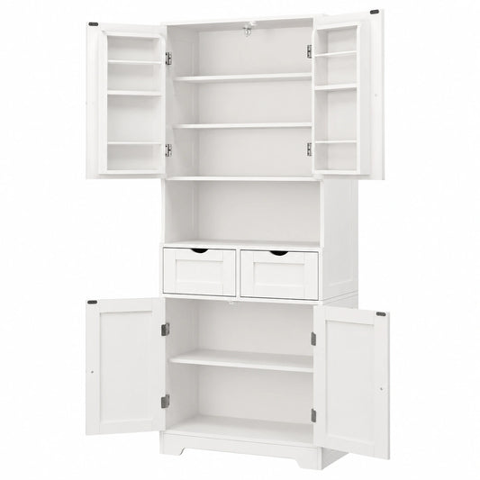 TEENFON Mehrzweckschrank für Küche, Wohnzimmer und Esszimmer, 4 Türen, 2 Schubladen, verstellbare Einlegeböden, 161 cm, Weiß