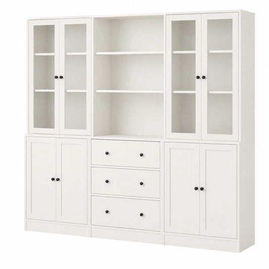 VOWNER 5-stöckiger Bücherschrank mit Glastüren, 180 cm, Vitrine für Küche, Wohnzimmer und Esszimmer, weiß, 3-teilig