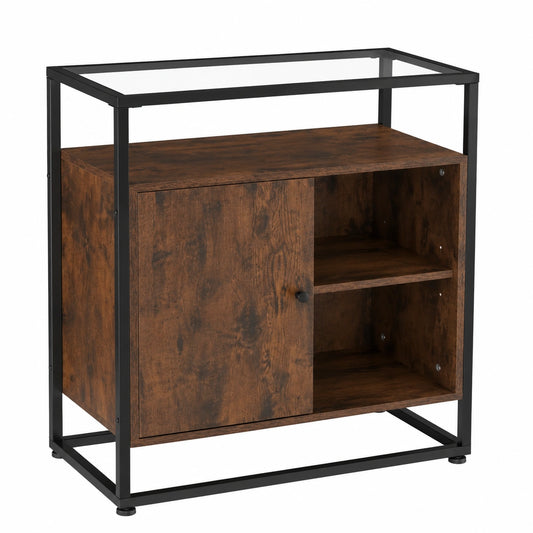 Industrieller Mehrzweckschrank mit Glaseinlage, Dunkelbraun, 70 x 38 x 80,5 cm, ideal für Wohnzimmer und Schlafzimmer