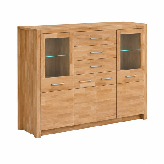 Lomadox Esszimmer-Set aus Kernbuche Massivholz, 2-teilig mit Highboard und Vitrine, inkl. LED-Beleuchtung