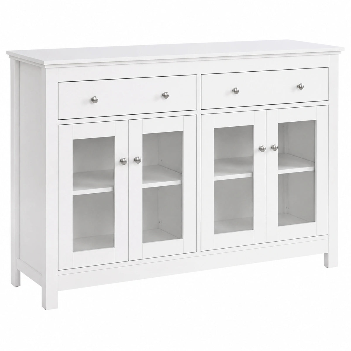 Moderner Buffetschrank mit Glastüren, Schubladen und verstellbaren Einlegeböden, Anti-Kipp-Design, Weiß, 140x90x40cm
