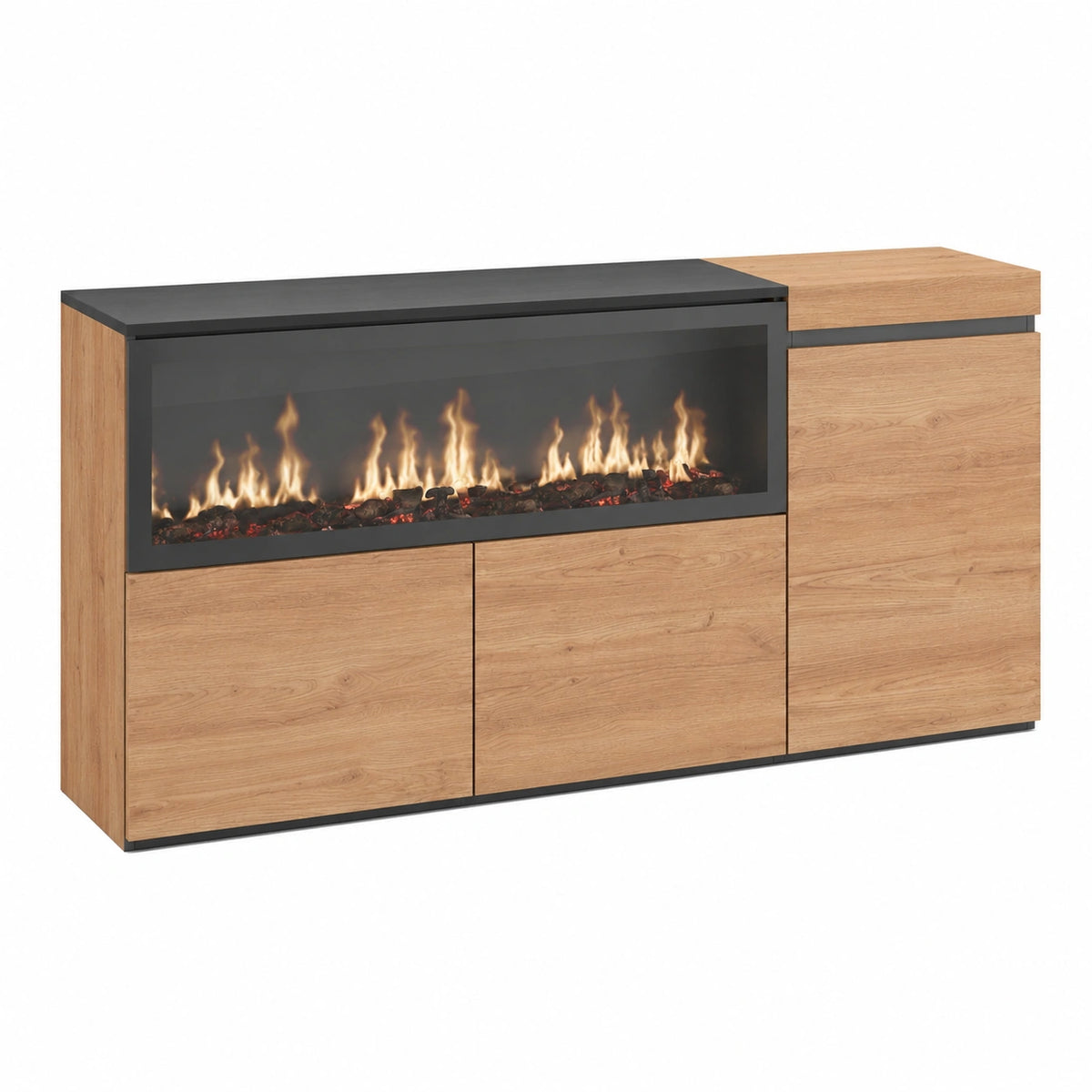 Moderner Eiche Sideboard mit Elektrokamin und 3 Türen