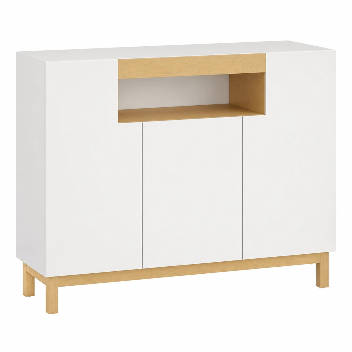 Merax Schrank mit 3 Türen und offenem Fach, weißes Holzdesign, modernes Möbelstück für Wohnzimmer, Flur und Schlafzimmer