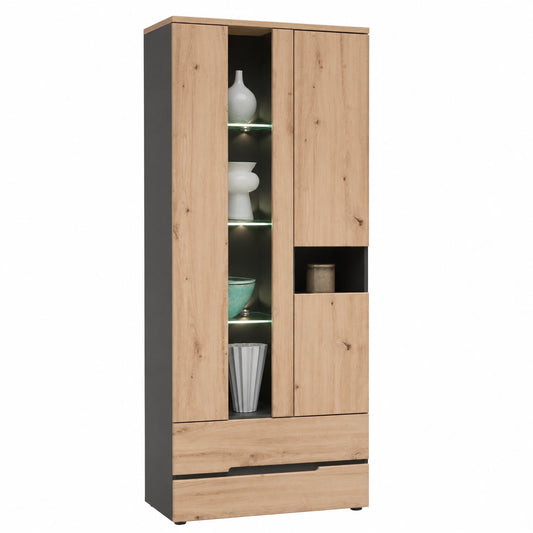 Moderne Vitrine in Eiche-Optik mit LED-Beleuchtung, Graphitfarben - Großer Stauraum, 75 x 197 x 38 cm