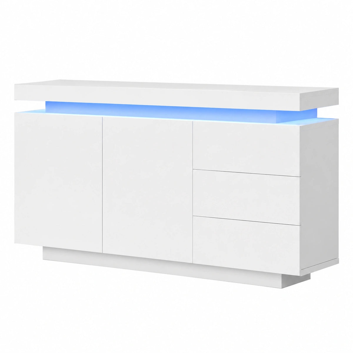 Modernes Sideboard mit LED-Beleuchtung, 2 Türen & 3 Schubladen, Grifflose Ausführung, Weiß