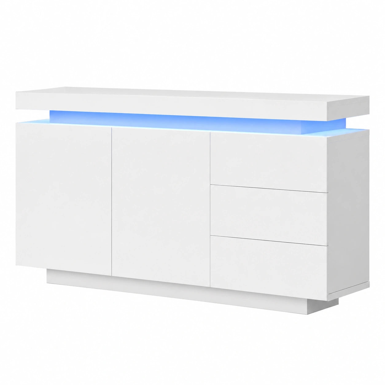 Modernes Sideboard mit LED-Beleuchtung, 2 Türen & 3 Schubladen, Grifflose Ausführung, Weiß