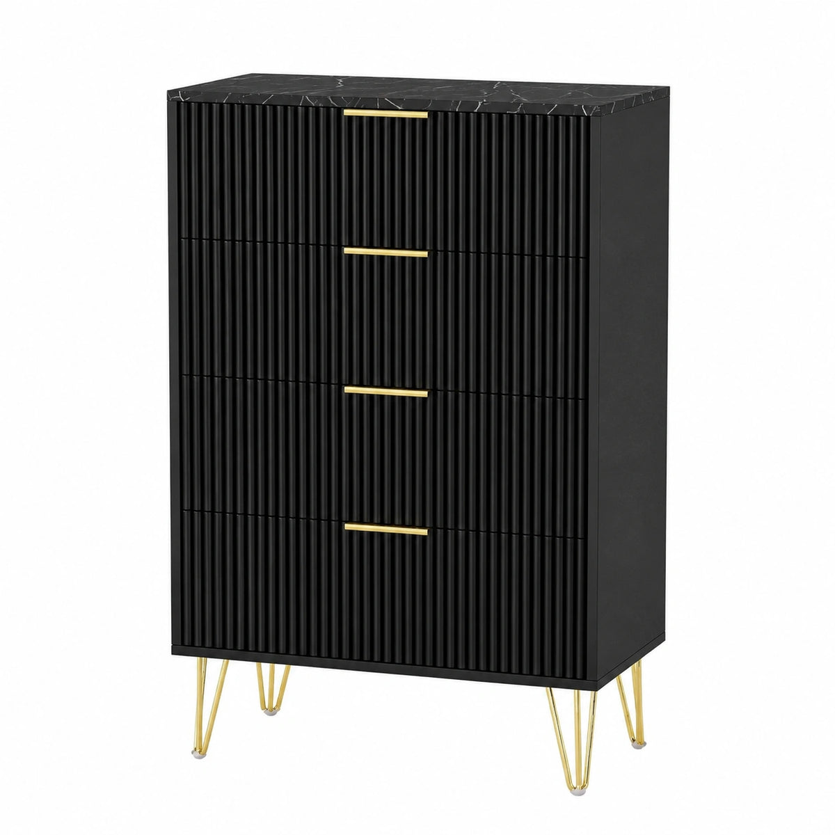 Schwarze Kommode mit 4 Schubladen und goldenen Griffen, modernes Design mit gerilltem Holz und Marmoroptik für Wohnzimmer oder Flur