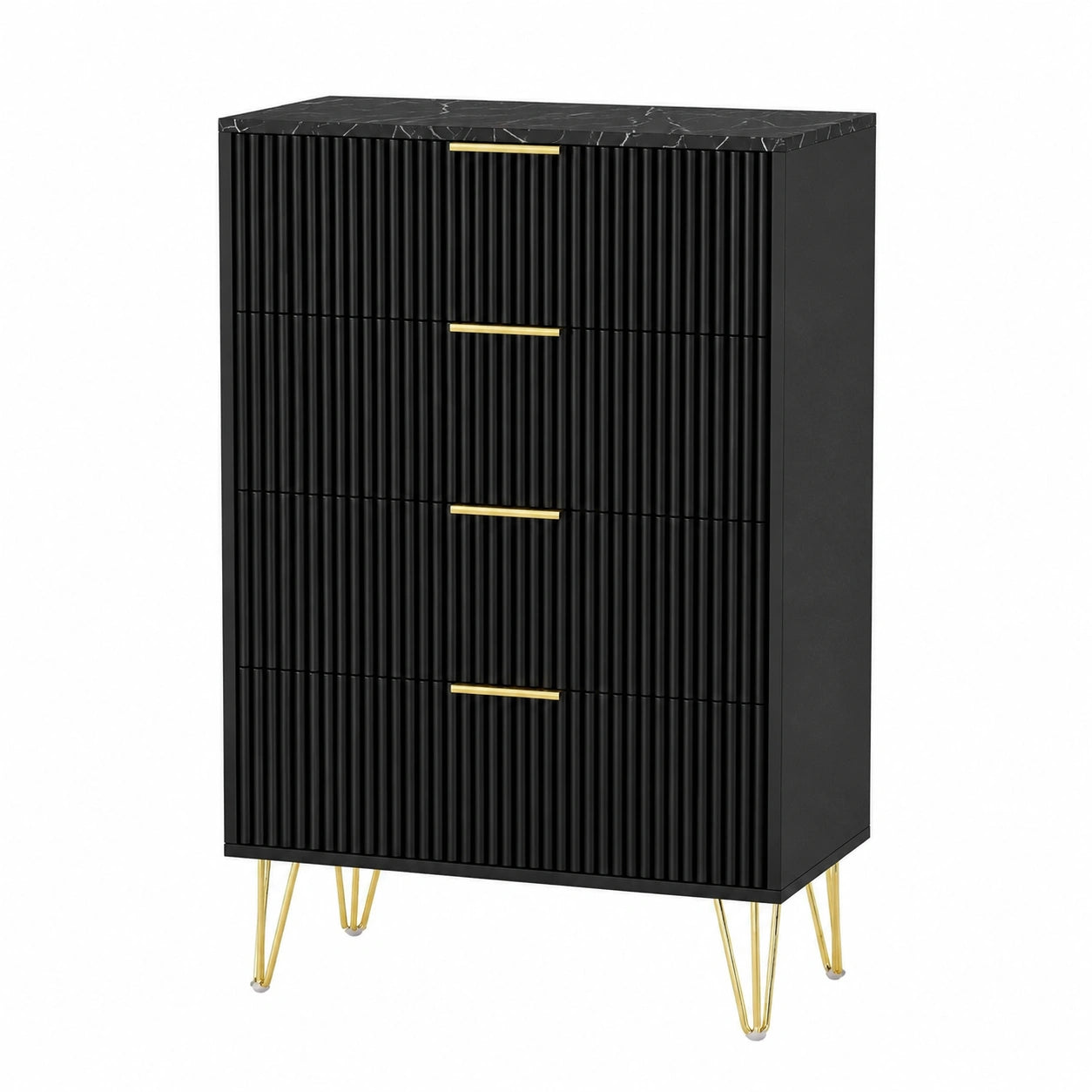 Schwarze Kommode mit 4 Schubladen und goldenen Griffen, modernes Design mit gerilltem Holz und Marmoroptik für Wohnzimmer oder Flur