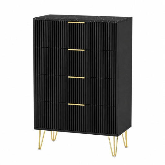Schwarze Kommode mit 4 Schubladen und goldenen Griffen, modernes Design mit gerilltem Holz und Marmoroptik für Wohnzimmer oder Flur