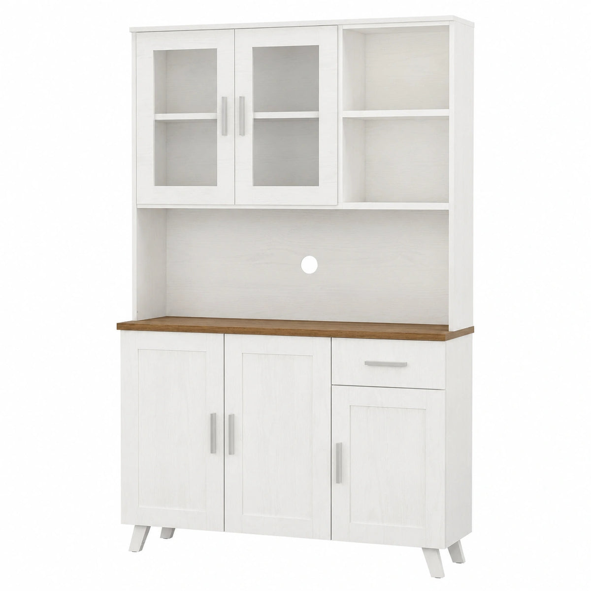 Eleganter weißer Hochschrank mit Glastüren und Schubladen, geräumiger Buffetschrank für Wohn- und Esszimmer, 114 × 40 × 190 cm