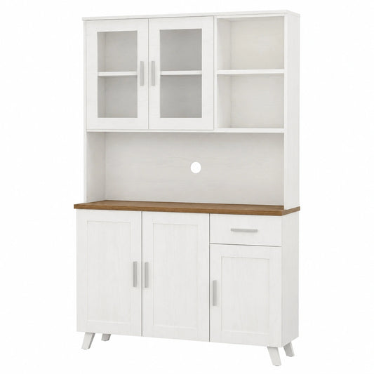 Eleganter weißer Hochschrank mit Glastüren und Schubladen, geräumiger Buffetschrank für Wohn- und Esszimmer, 114 × 40 × 190 cm