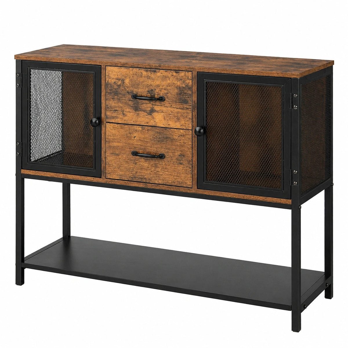LIFEZEAL Industrieller Küchenschrank, Vintage Braun, 2 Schubladen & Gittertüren, 100x35x85cm