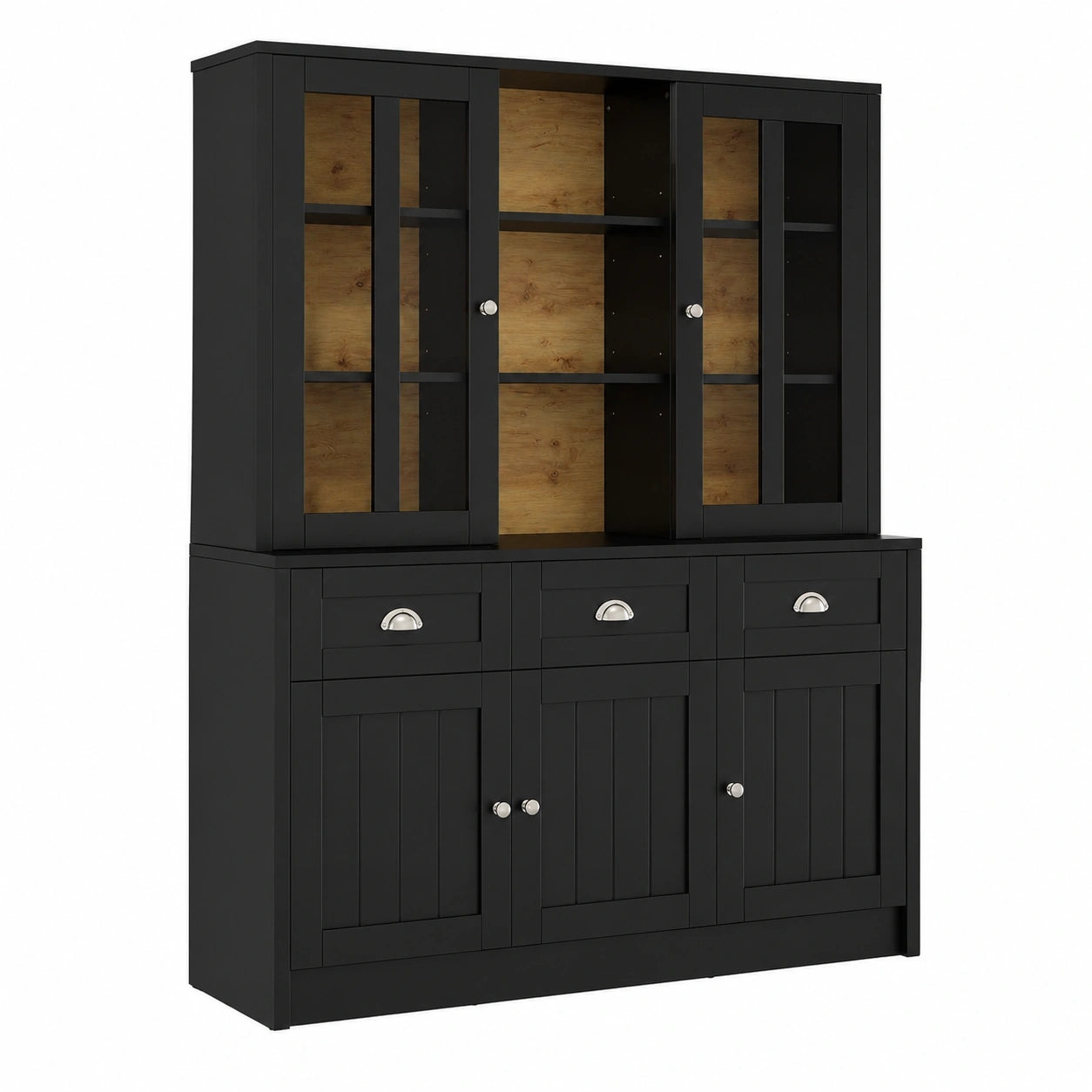 Moderner Hochschrank mit Vitrine und Schubladen für Wohnzimmer, Küche oder Esszimmer, 140x38.5x175cm, Schwarz