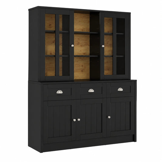 Moderner Hochschrank mit Vitrine und Schubladen für Wohnzimmer, Küche oder Esszimmer, 140x38.5x175cm, Schwarz