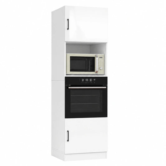 Hochschrank für Backofen und Mikrowelle, 60x57,2x207 cm, Weiß Hochglanz