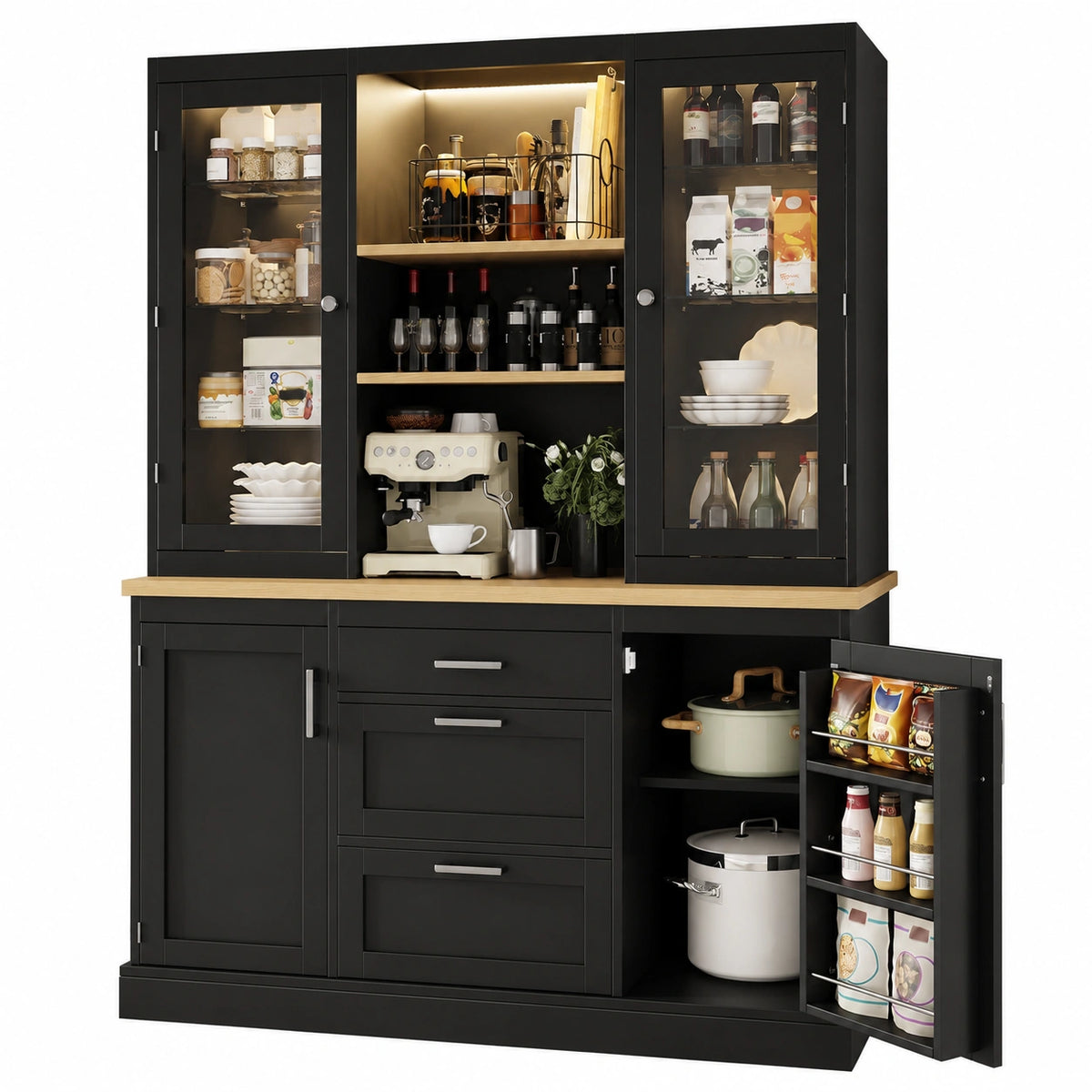 Moderner Küchenschrank mit LED-Beleuchtung und verstellbaren Einlegeböden, Schwarz, 140x40x185cm