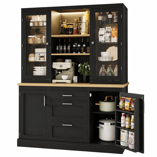 Moderner Küchenschrank mit LED-Beleuchtung und verstellbaren Einlegeböden, Schwarz, 140x40x185cm