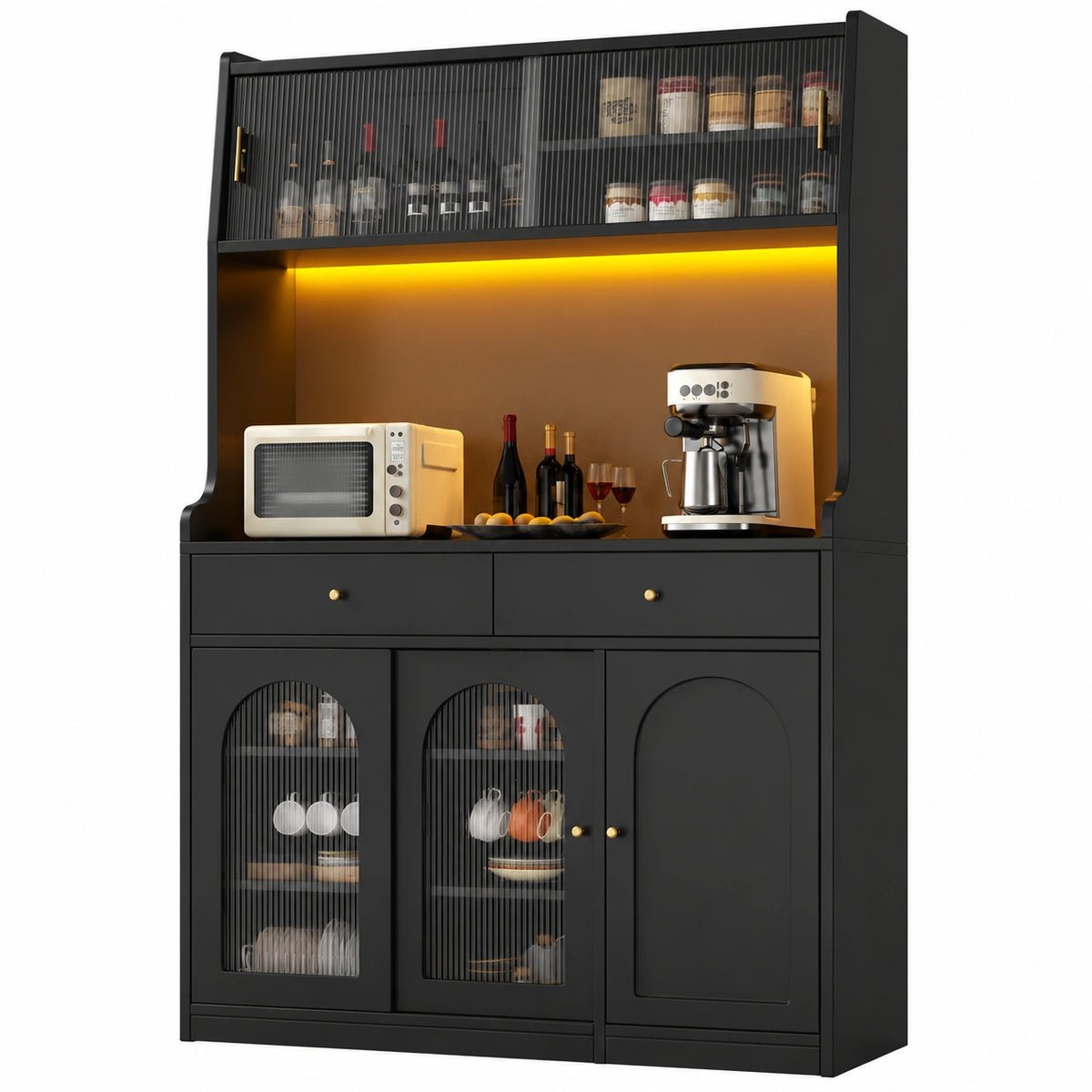 Moderner Küchenschrank mit Glasschiebetüren, Hochformat, schwarz, verstellbare Einlegeböden, goldene Griffe