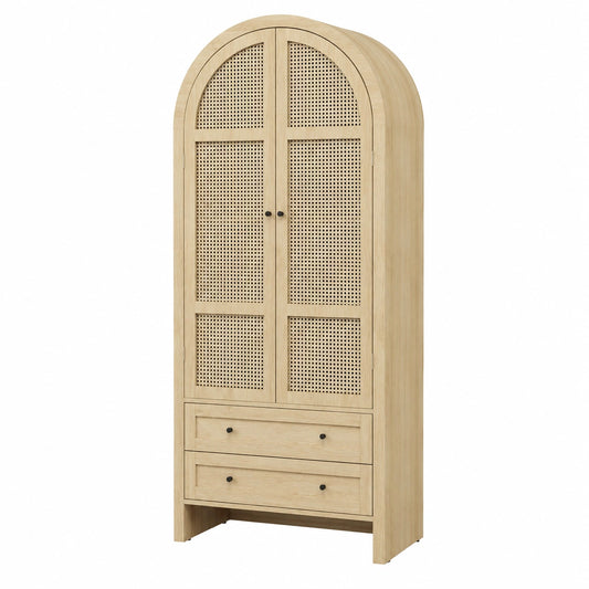 Hochschrank mit Rattantüren im Bohème-Stil, 2 Schubladen, Bogenform, Verstellbare Einlegeböden, Ideal für Küche, Wohnzimmer & Esszimmer, 79x39.5x178 cm