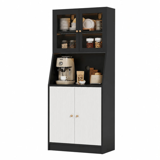 Hochschrank mit LED-Beleuchtung, Küchenschrank mit Türen und Arbeitsfläche, Vorratsschrank für Küche und Wohnbereich, 70x40x180 cm, Schwarz