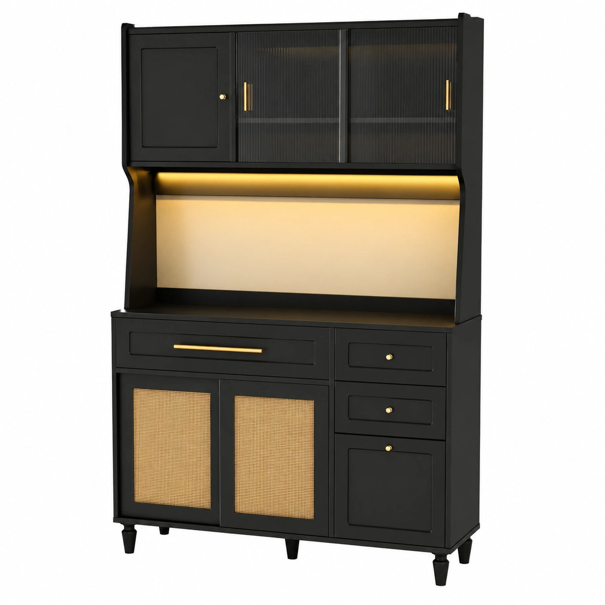 Vielseitiger Küchenschrank mit LED & Rattan in Schwarz