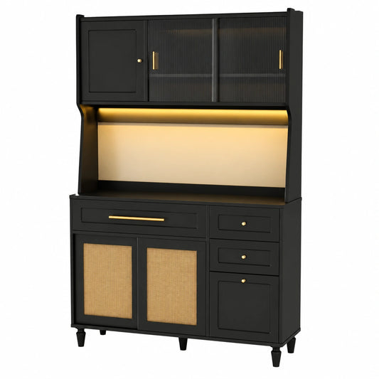 Vielseitiger Küchenschrank mit LED & Rattan in Schwarz