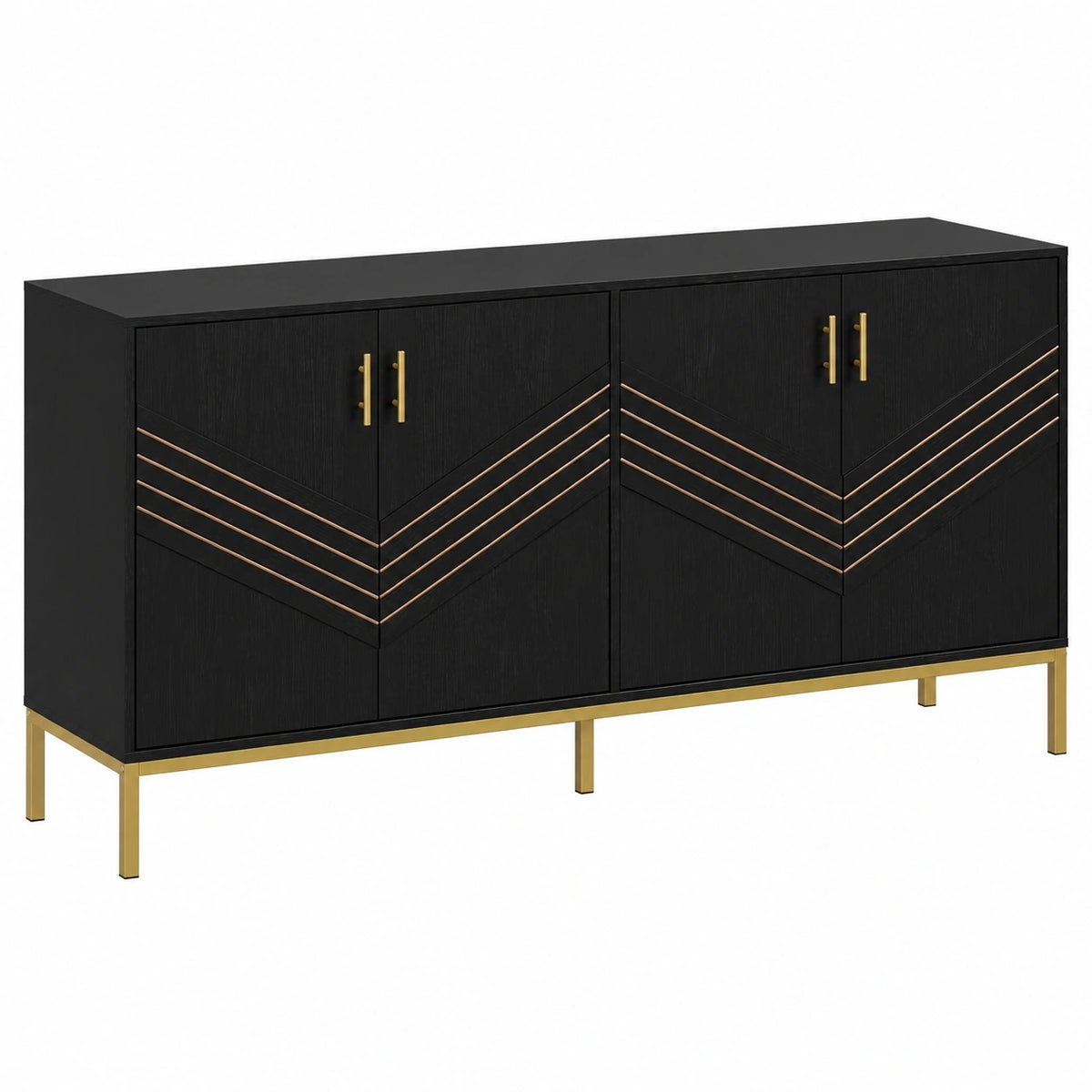 Modernes Sideboard mit 4 Türen und verstellbaren Regalen, Metallsockel, Ideal für Wohnzimmer, Esszimmer und Flur, Schwarz