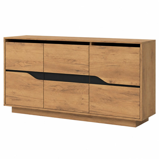 Moderner Sideboard 140x40x70cm, vielseitiger Schrank mit 3 Türen und verstellbaren Regalen in Holzoptik und Schwarz